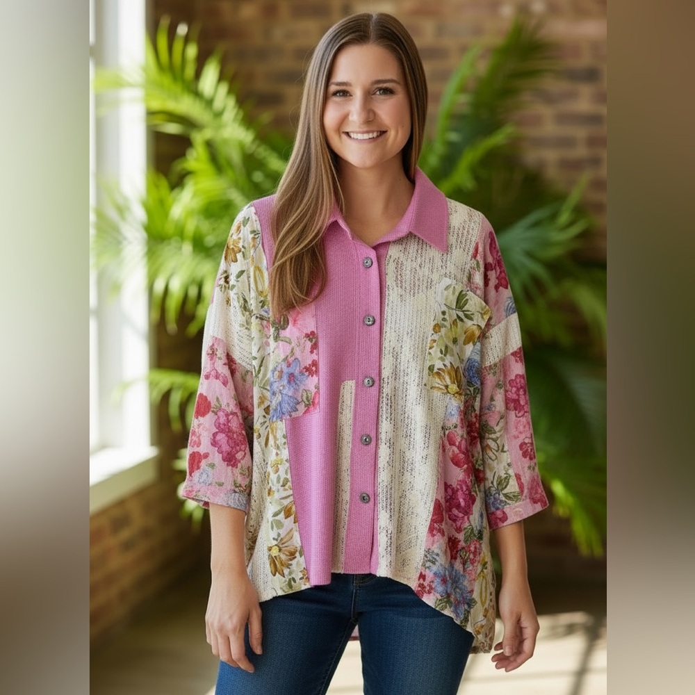 POL Gorgeous Oversized Floral Patchwork Button-Up Shirt